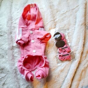 Adidog One Piece Pink Sports Hoodie Tracksuit Jumpsuit & Puppy Shoes Size Small